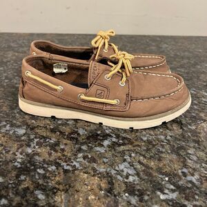 Sperry Leeward Boat Shoes Boys Sz 2 Leather Brown Slip on Loafer